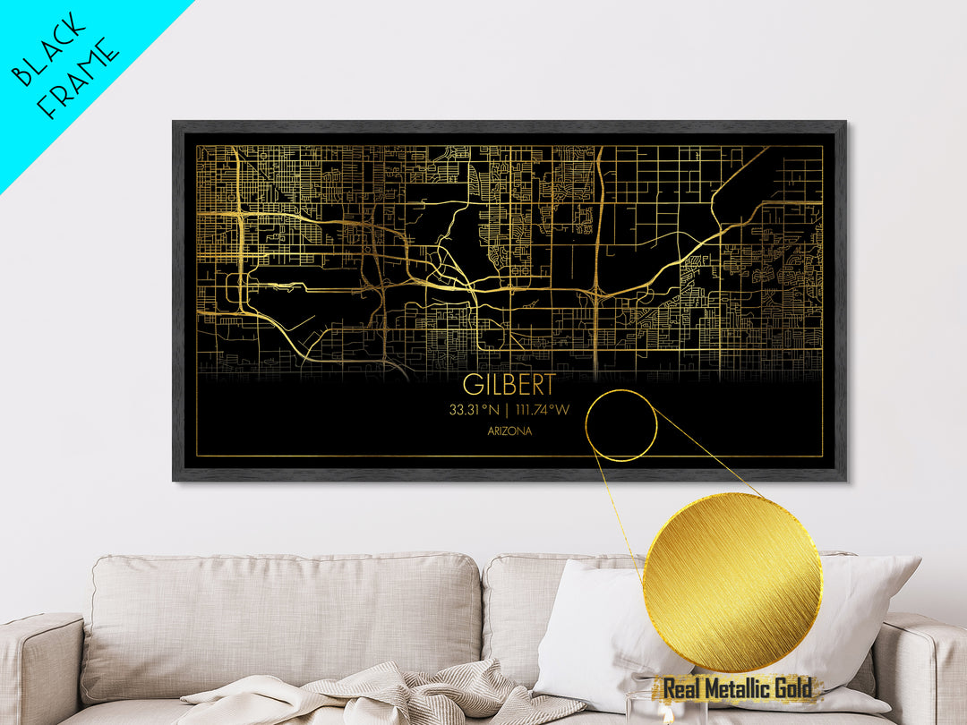 Gilbert Arizona City street map, Metallic Gold Print, Metal Art, wood framed map, black and gold, Street Map Art, Housewarming Gift, Map Art
