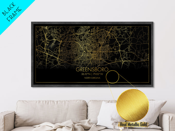 Greensboro North Carolina City Poster, Metallic Gold Art, Metal Art, real wood frames, black and gold, Street Map Wall Art, Office Decor