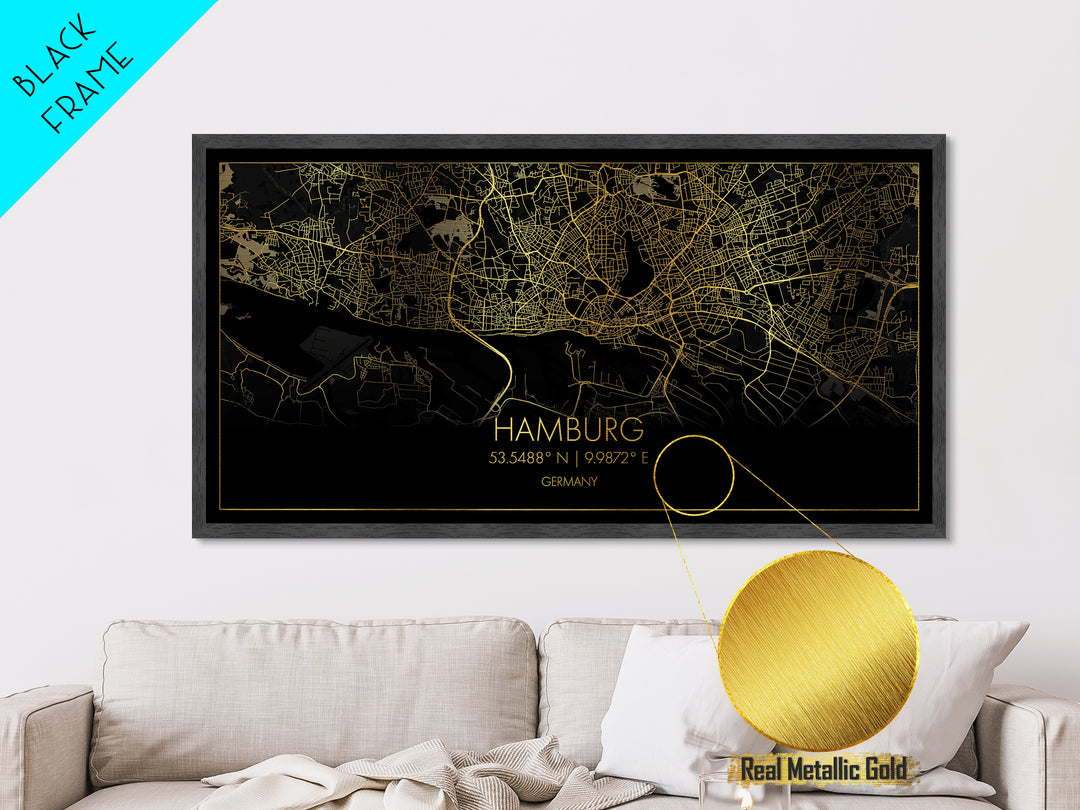 Hamburg Germany City street map, Metallic Gold Print, Metal Art, wood framed map, black and gold, Street Map Art, Travel Poster