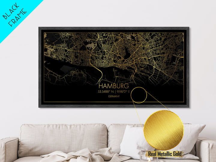 Hamburg Germany City street map, Metallic Gold Print, Metal Art, wood framed map, black and gold, Street Map Art, Travel Poster