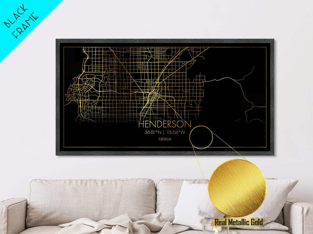Henderson Nevada City street map, Metallic Gold Print, Metal Art, wood framed map, black and gold, Street Map Art, Housewarming Gift