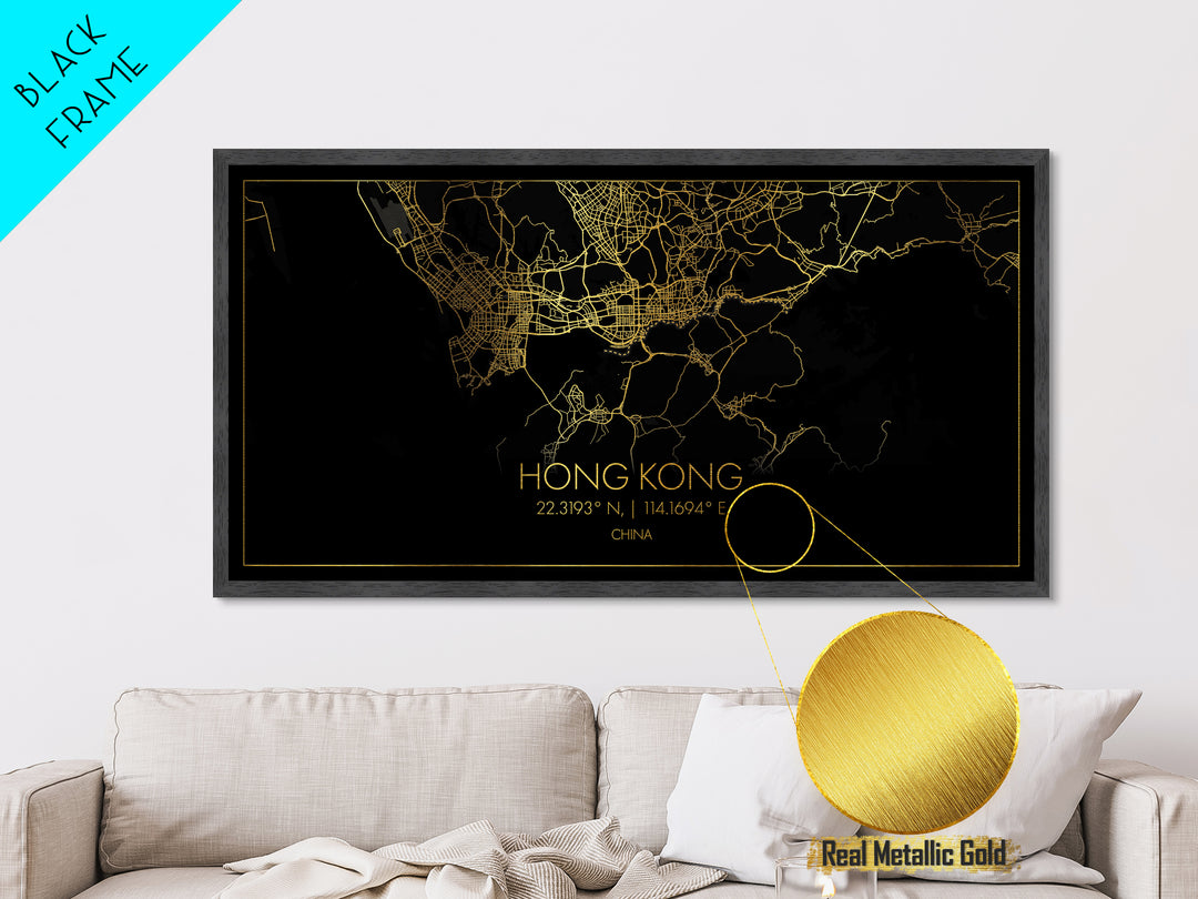 Hong Kong China City street map, Metallic Gold Print, Metal Art, wood framed map, black and gold, Street Map Art, College Dorm Décor