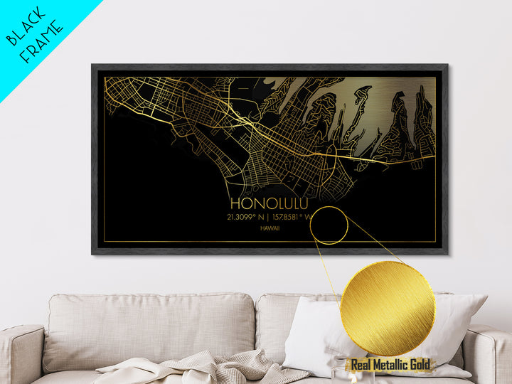 Honolulu Hawaii City Poster, Metallic Gold Art, Metal Art, real wood frames, black and gold, Street Map Wall Art, Best Friend Gifts