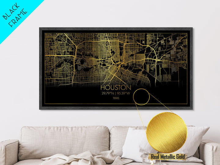 Houston Texas City street map, Metallic Gold Print, Metal Art, wood framed map, black and gold, Street Map Art, Travel Poster, Modern House Art