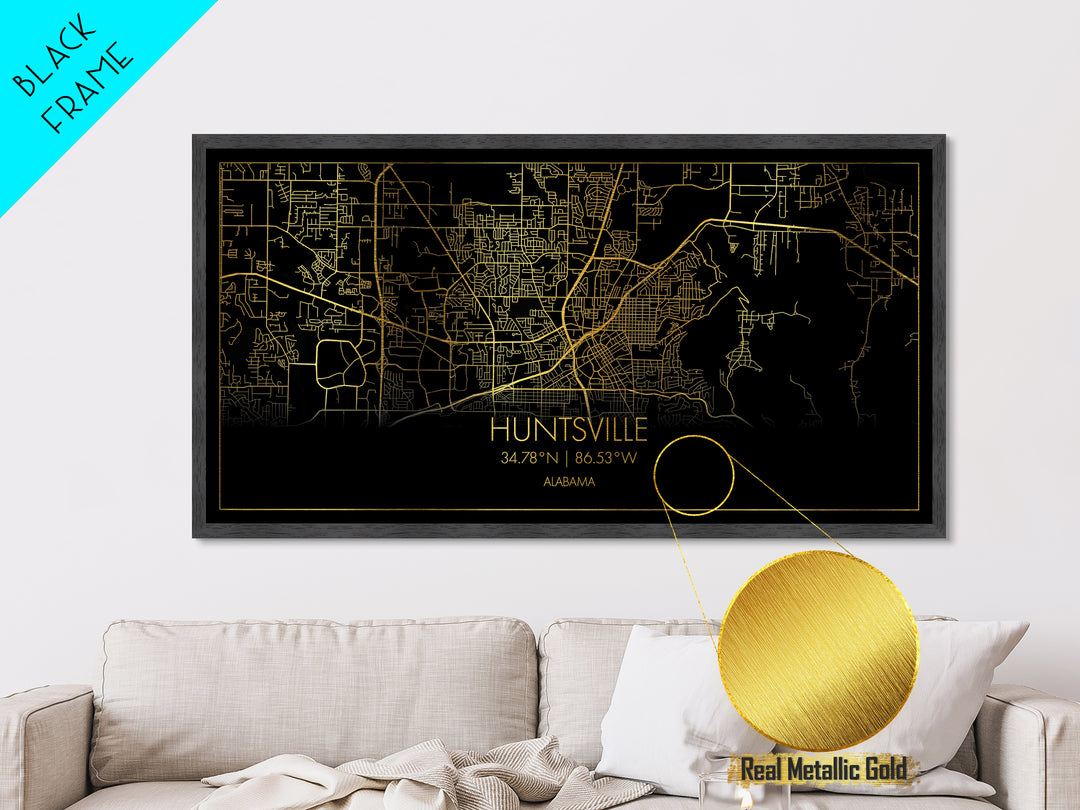 Huntsville Alabama City street map, Metallic Gold Print, Metal Art, wood framed map, black and gold, Street Map Art, Housewarming Gift