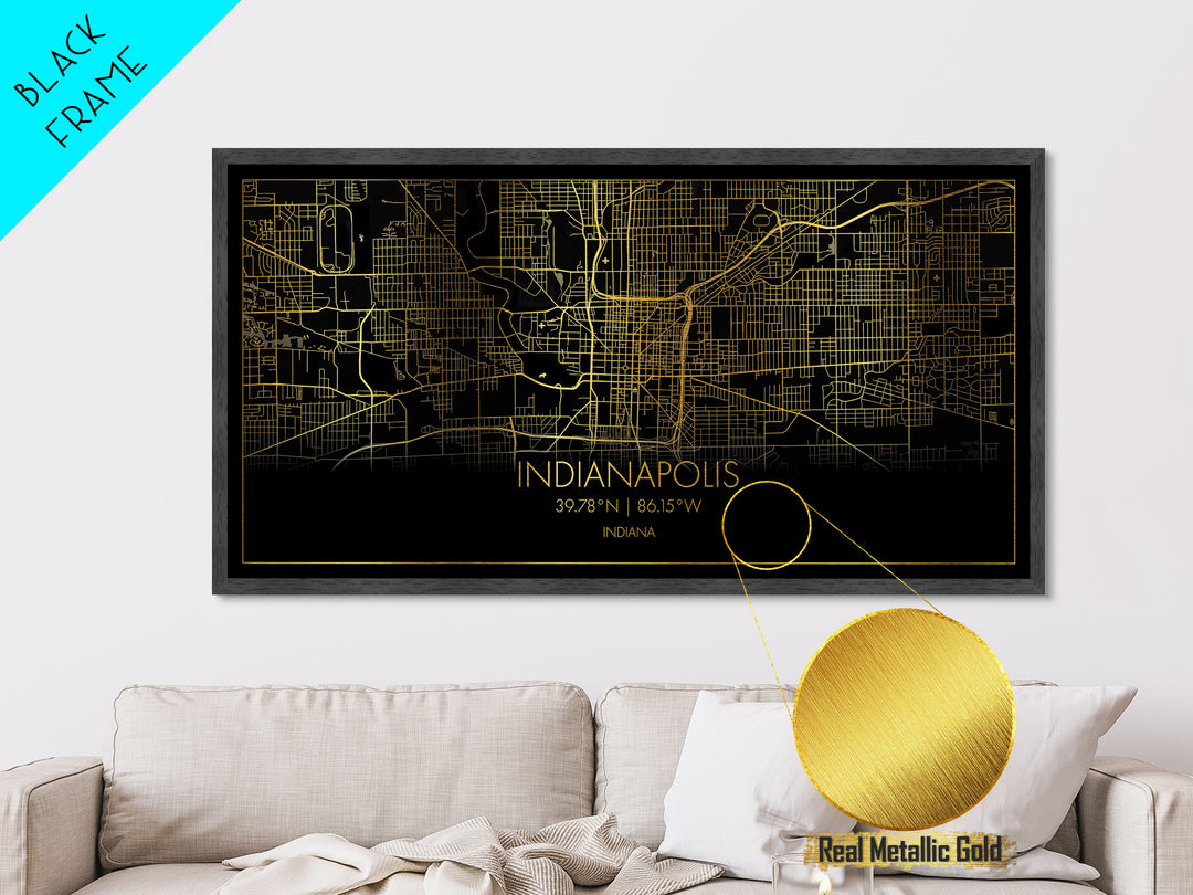 Indianapolis Indiana City Poster, Metallic Gold Art, Metal Art, real wood frames, black and gold, Street Map Wall Art, Map Print Poster