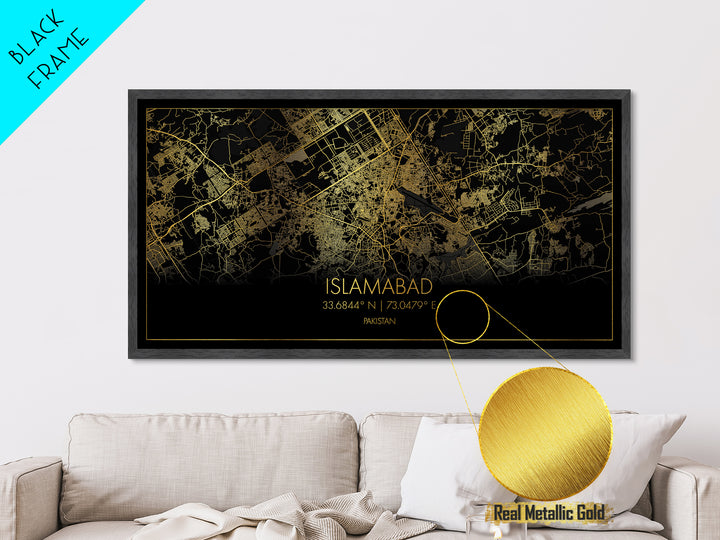Islamabad Pakistan City street map, Metallic Gold Print, Metal Art, wood framed map, black and gold, Street Map Art, Best Friend Gifts