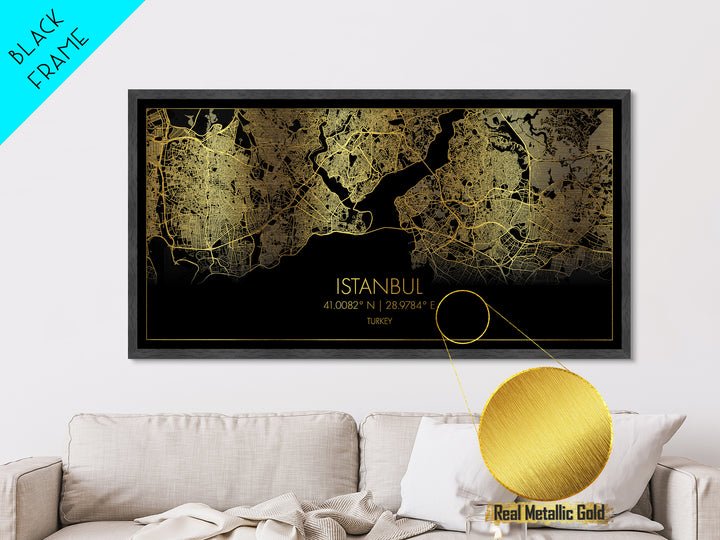 Istanbul Turkey City Poster, Metallic Gold Art, Metal Art, real wood frames, black and gold, Street Map Wall Art, Housewarming Gift