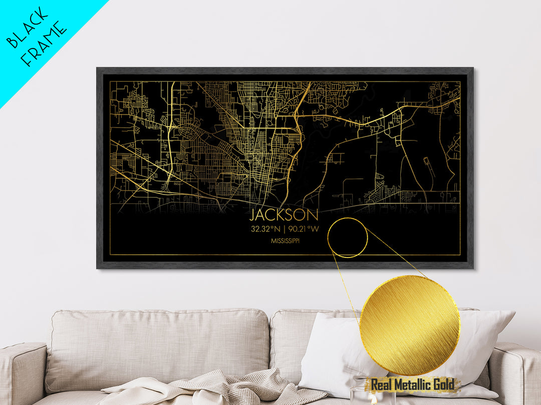 Jackson Mississippi City street map, Metallic Gold Print, Metal Art, wood framed map, black and gold, Street Map Art, Map Art