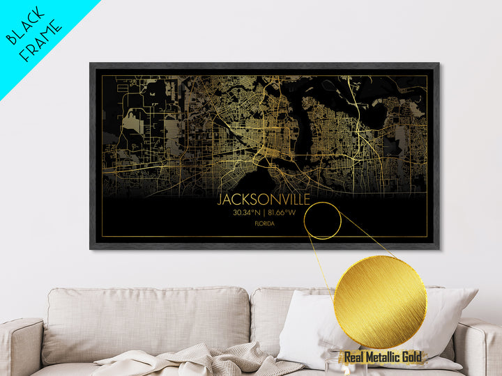 Jacksonville Florida City Poster, Metallic Gold Art, Metal Art, real wood frames, black and gold, Street Map Wall Art, Office Decor