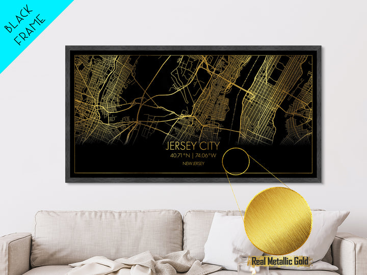 Jersey City New Jersey City Poster, Metallic Gold Art, Metal Art, real wood frames, black and gold, Street Map Wall Art, College Dorm Décor