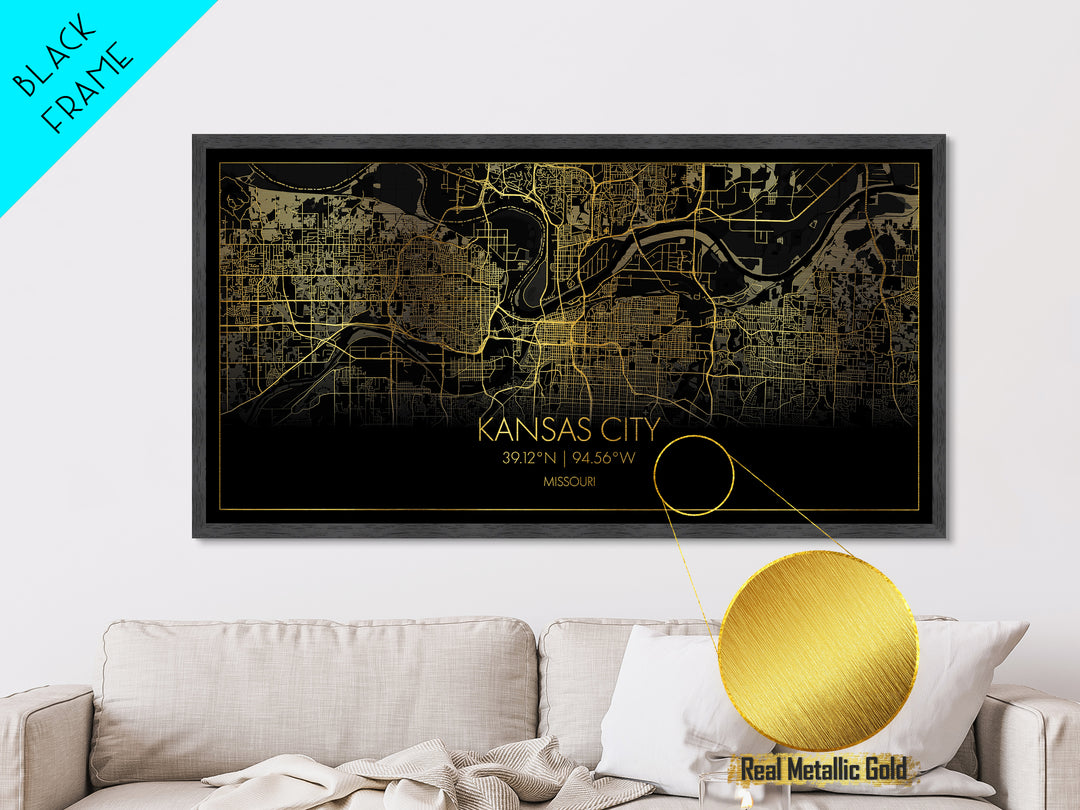 Kansas City Missouri City street map, Metallic Gold Print, Metal Art, wood framed map, black and gold, Street Map Art, Minimalist Wall Art