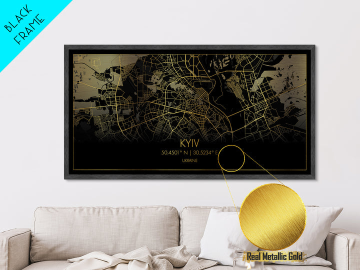 Kyiv Ukraine City street map, Metallic Gold Print, Metal Art, wood framed map, black and gold, Street Map Wall Art, Travel Poster