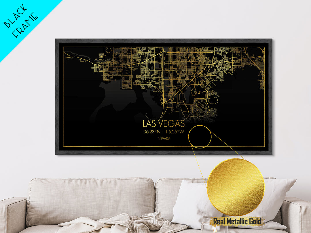 Las Vegas Nevada City street map, Metallic Gold Print, Metal Art, wood framed map, black and gold, Gold Street Map Art, Office Decor