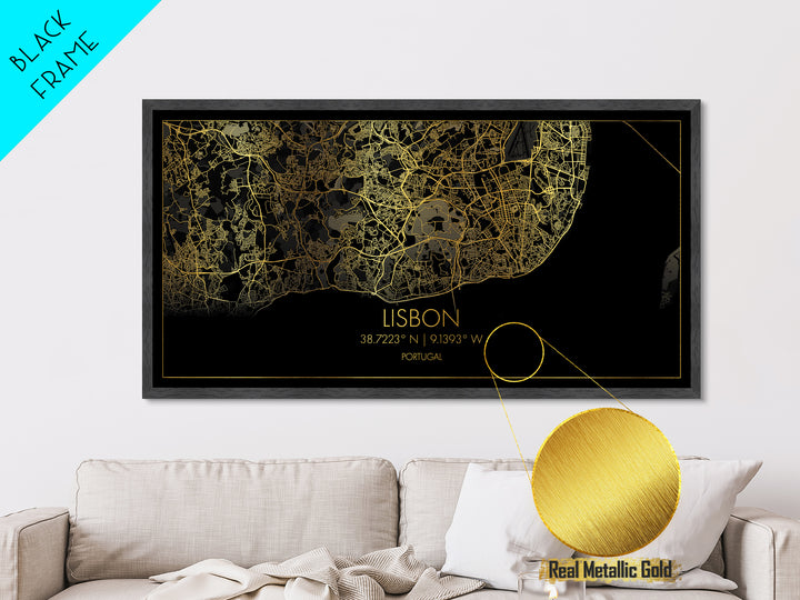 Lisbon Portugal City street map, Metallic Gold Print, Metal Art, wood framed map, black and gold, Travel Poster, Modern Wall Art