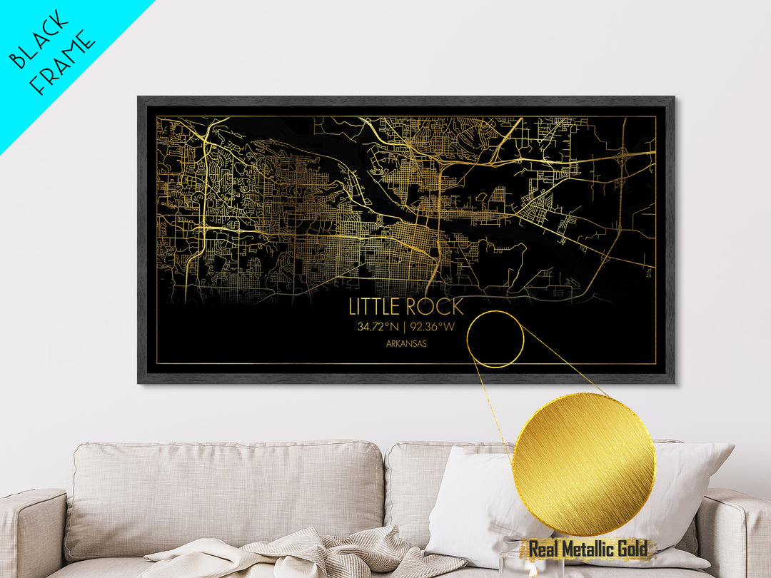 Little Rock Arkansas City Poster, Metallic Gold Art, Metal Art, real wood frames, black and gold, Street Map Art, Office Decor