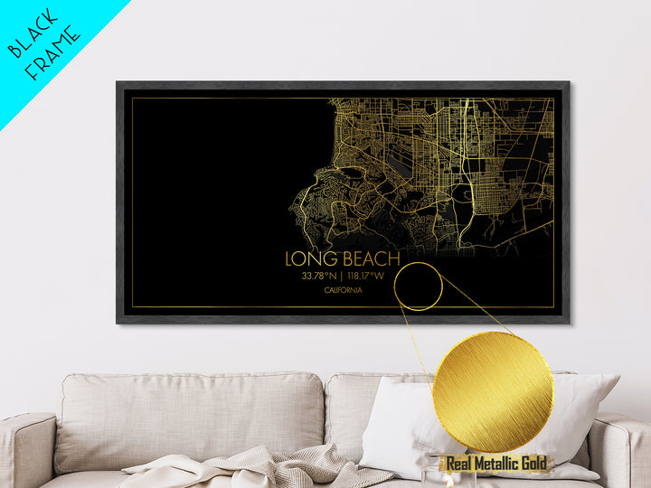 Long Beach California City Poster, Metallic Gold Art, Metal Art, real wood frames, black and gold, Gold Street Map Art, Minimalist Wall Art