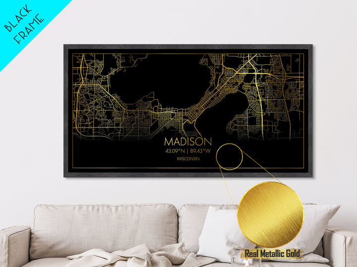 Madison Wisconsin City Poster, Metallic Gold Art, Metal Art, real wood frames, black and gold, Travel Poster, Minimalist Wall Art