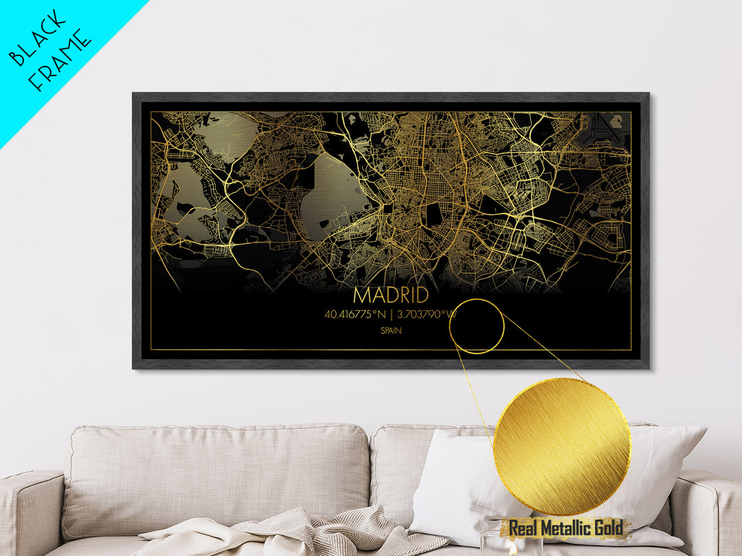 Madrid Spain City street map, Metallic Gold Print, Metal Art, wood framed map, black and gold, Street Map Wall Art, College Dorm Décor
