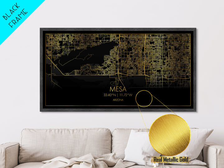 Mesa Arizona City street map, Metallic Gold Print, Metal Art, wood framed map, black and gold, Modern Wall Art, Street Map Wall Art