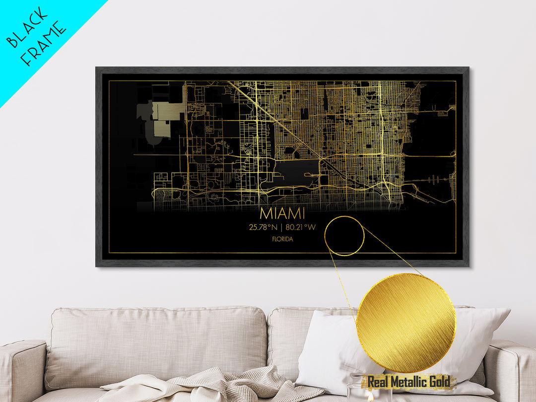 Miami Florida City Poster, Metallic Gold Art, Metal Art, real wood frames, black and gold, Street Map Art, Map Print Poster
