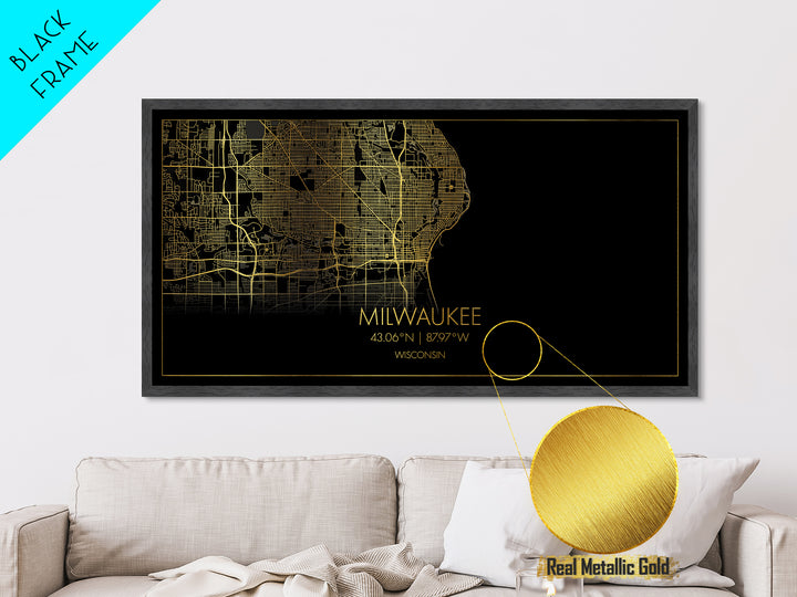 Milwaukee Wisconsin City Poster, Metallic Gold Art, Metal Art, real wood frames, black and gold, Street Map Art, Map Art