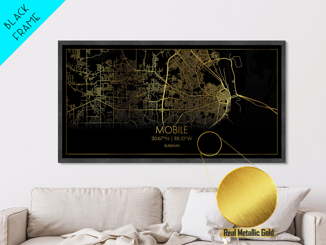 Mobile Alabama City Poster, Metallic Gold Art, Metal Art, real wood frames, black and gold, Street Map Art, Housewarming Gift
