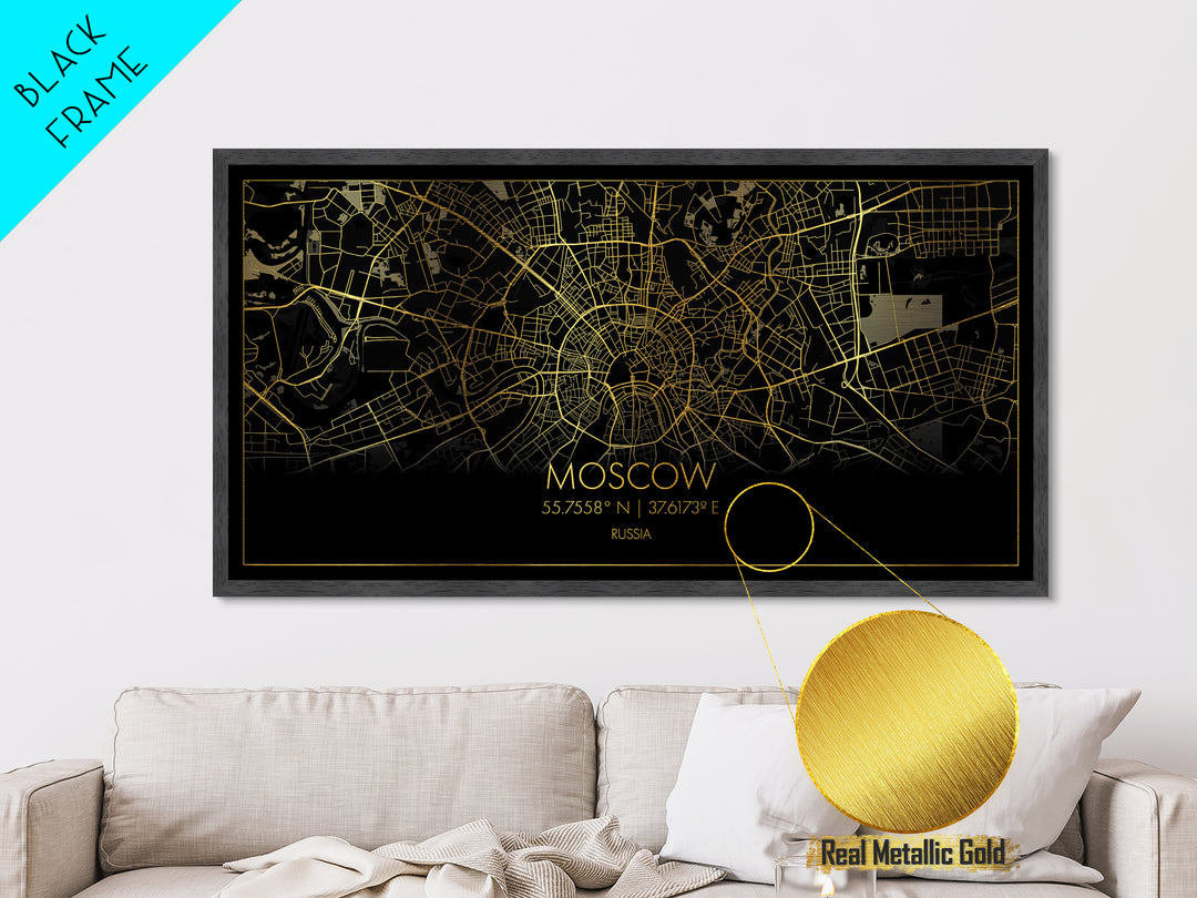 Moscow Russia City Poster, Metallic Gold Art, Metal Art, real wood frames, black and gold, Street Map Art, College Dorm Décor