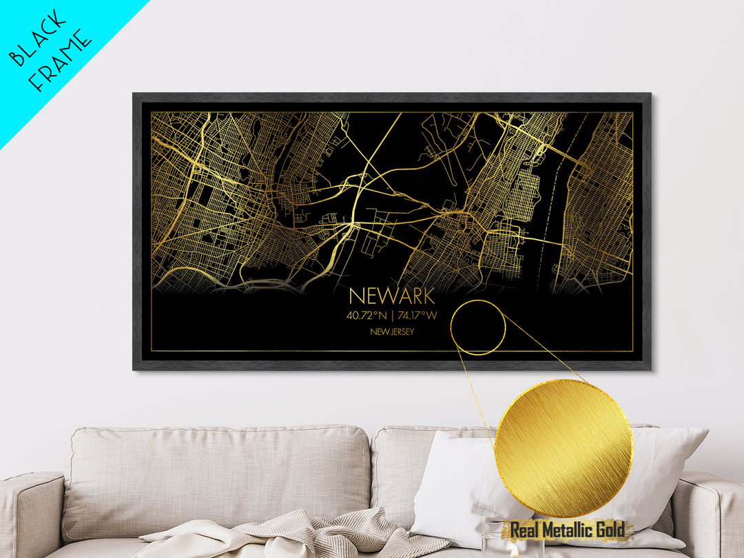 Newark New Jersey City street map, Metallic Gold Print, Metal Art, wood framed map, black and gold, Street Map Wall Art, Office Decor