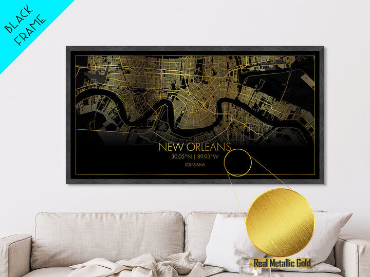 New Orleans Louisiana City Poster, Metallic Gold Art, Metal Art, real wood frames, black and gold, Street Map Art, Housewarming Gift