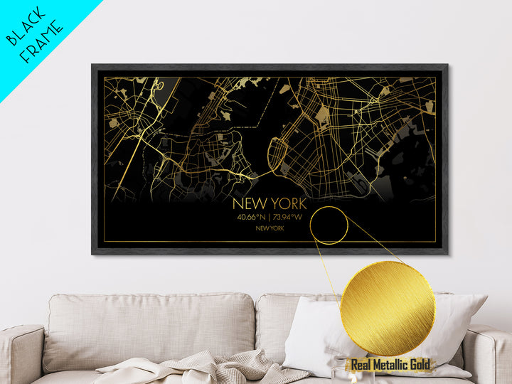 New York New York City Poster, Metallic Gold Art, Metal Art, real wood frames, black and gold, Street Map Art, College Dorm Décor