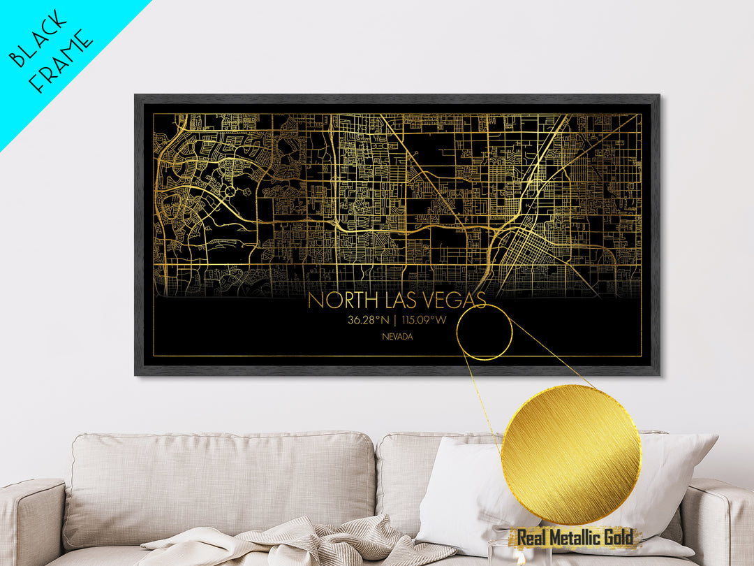 North Las Vegas Nevada City Poster, Metallic Gold Art, Metal Art, real wood frames, black and gold, Street Map Art, Modern House Art