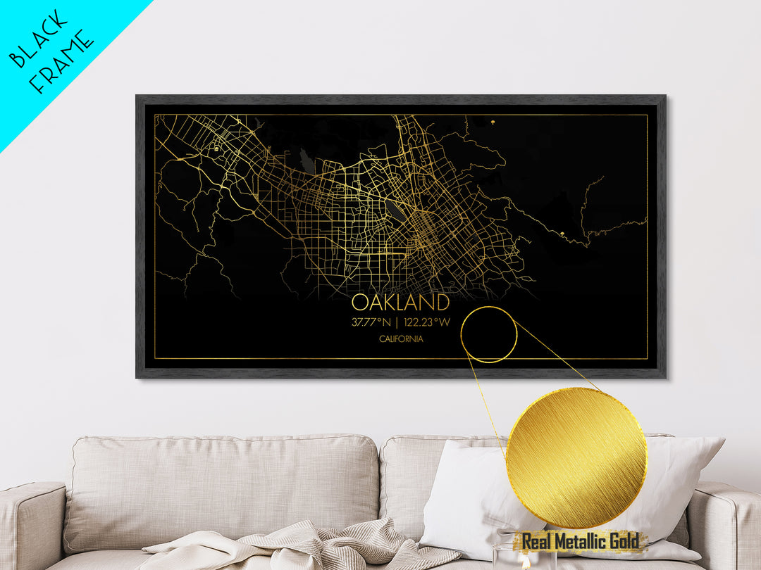 Oakland California City street map, Metallic Gold Print, Metal Art, wood framed map, black and gold, Street Map Wall Art, Office Decor