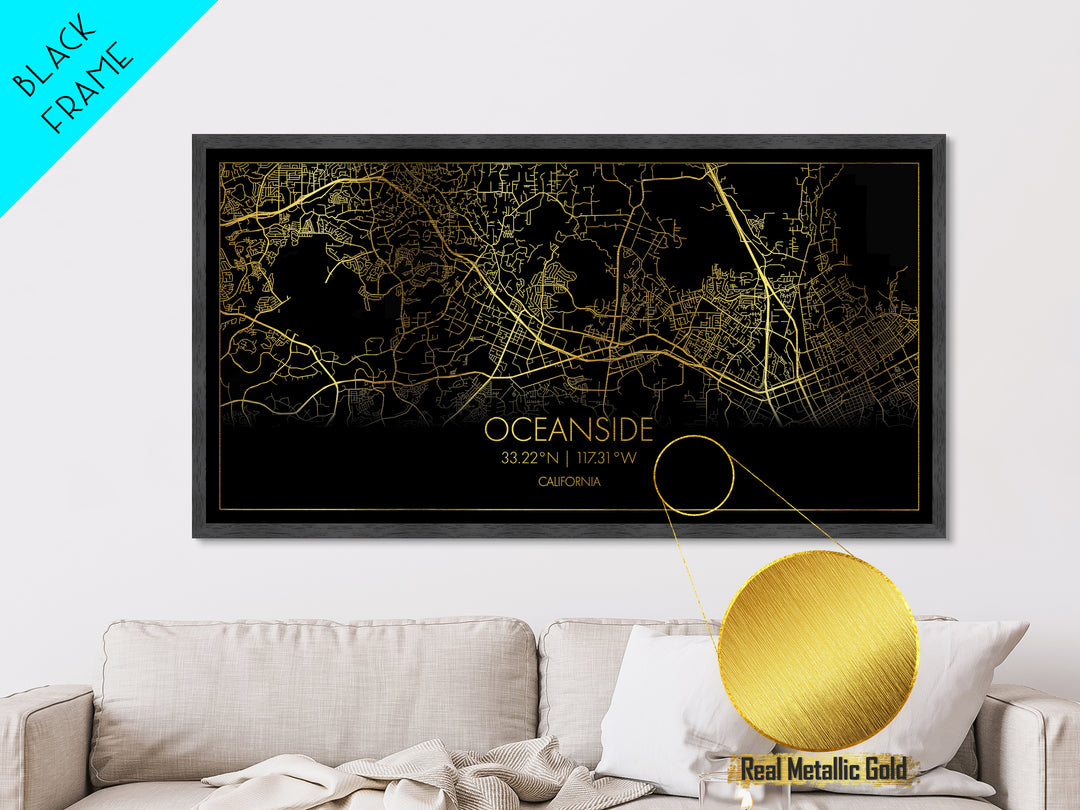 Oceanside California City Poster, Metallic Gold Art, Metal Art, real wood frames, black and gold, Street Map Art, Housewarming Gift