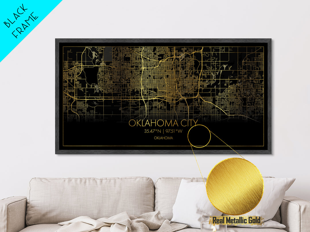 Oklahoma City Oklahoma City street map, Metallic Gold Print, Metal Art, wood framed map, black and gold, Street Map Wall Art, Travel Poster
