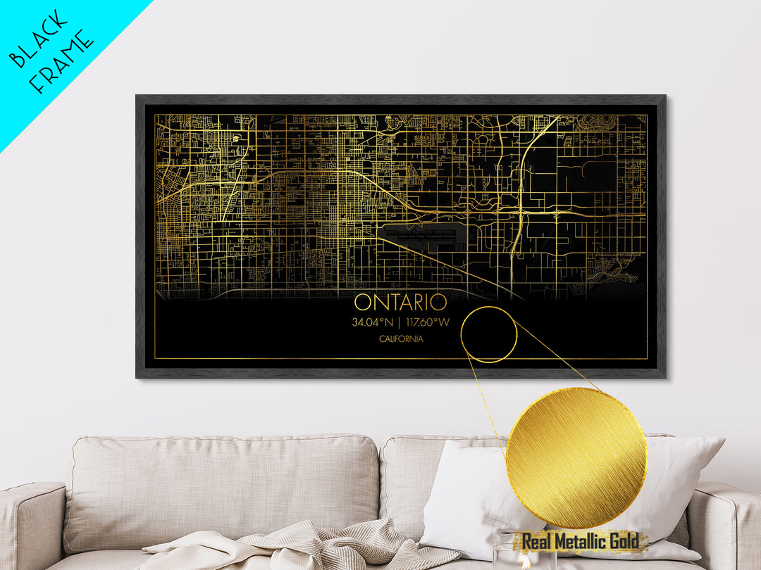 Ontario California City street map, Metallic Gold Print, Metal Art, wood framed map, black and gold, Street Map Wall Art, Minimalist Wall Art