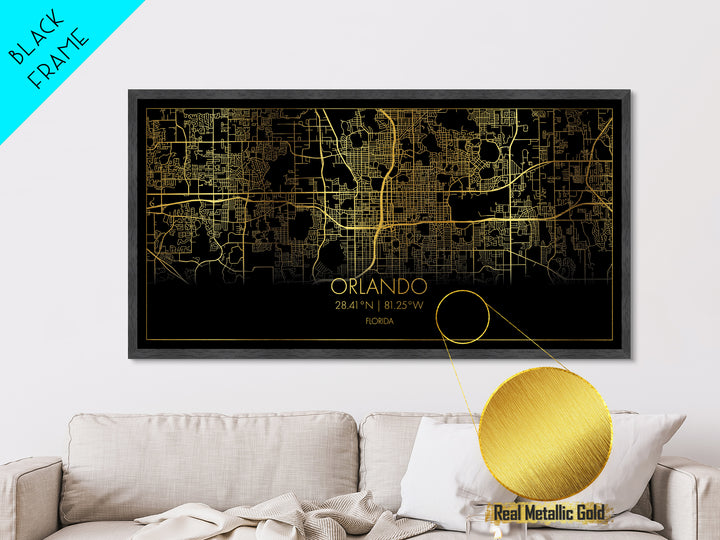 Orlando Florida City Poster, Metallic Gold Art, Metal Art, real wood frames, black and gold, Street Map Art, Modern Wall Art
