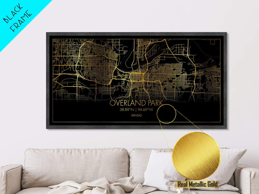 Overland Park Kansas City Poster, Metallic Gold Art, Metal Art, real wood frames, black and gold, Street Map Wall Art, Modern Wall Art