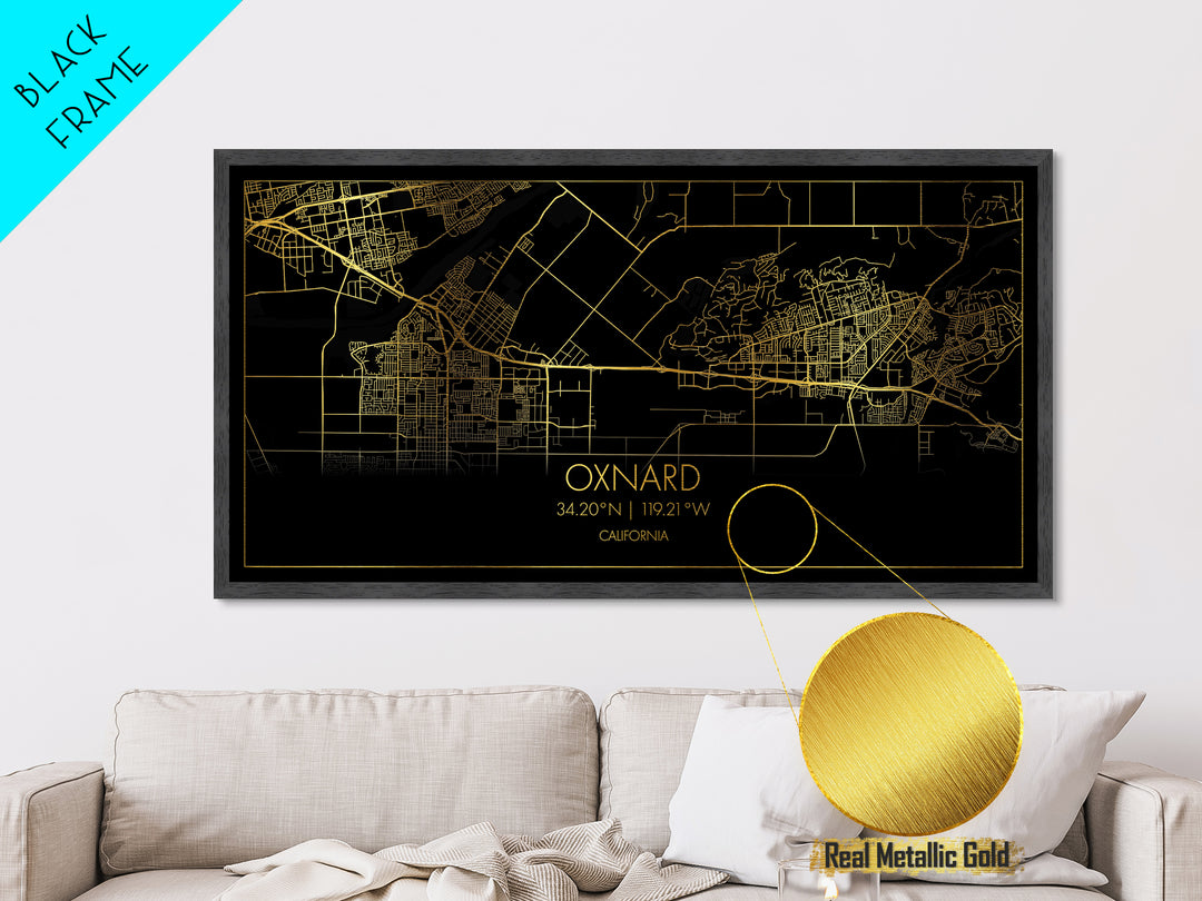 Oxnard California City street map, Metallic Gold Print, Metal Art, wood framed map, black and gold, Street Map Art, Housewarming Gift
