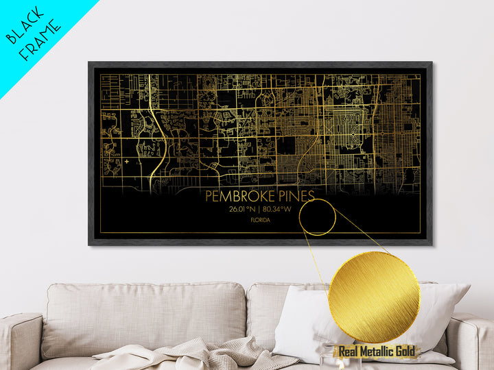 Pembroke Pines Florida City street map, Metallic Gold Print, Metal Art, wood framed map, black and gold, Street Map Art, Best Friend Gifts