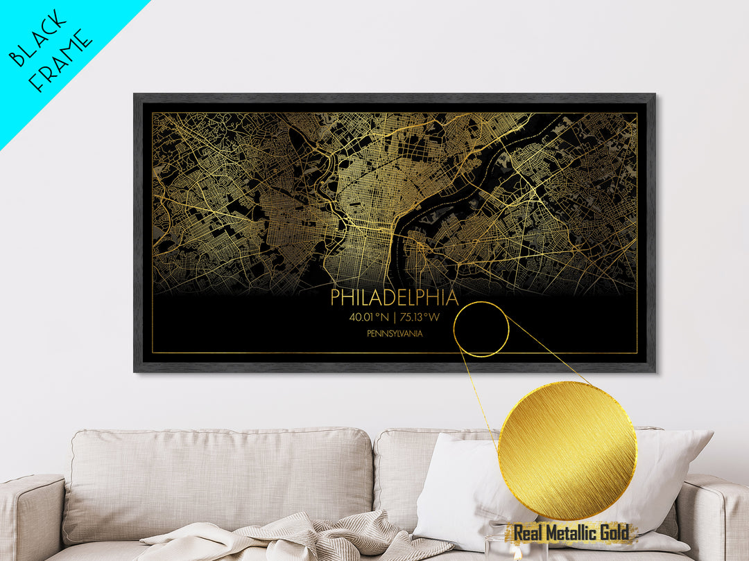 Philadelphia Pennsylvania City street map, Metallic Gold Print, Metal Art, wood framed map, black and gold, Street Map Art, Housewarming Gift
