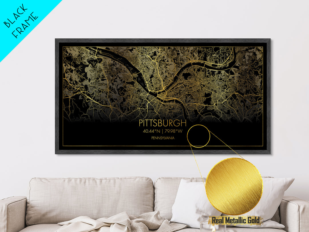 Pittsburgh Pennsylvania City street map, Metallic Gold Print, Metal Art, wood framed map, black and gold, Street Map Art, Real Wood Frames