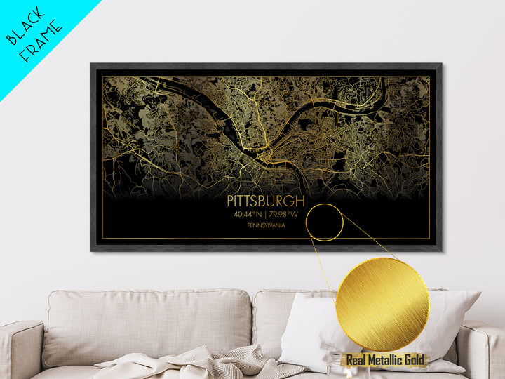 Pittsburgh Pennsylvania City street map, Metallic Gold Print, Metal Art, wood framed map, black and gold, Street Map Art, Real Wood Frames