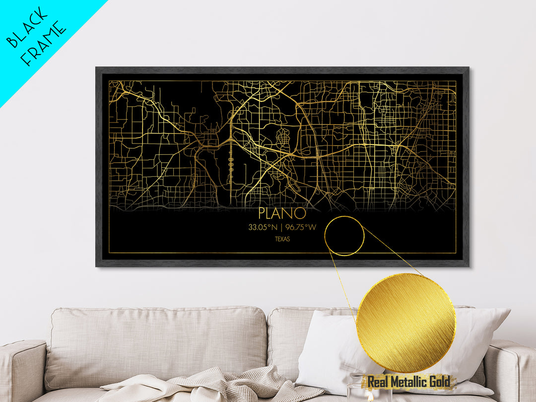 Plano Texas City Poster, Metallic Gold Art, Metal Art, real wood frames, black and gold, Street Map Wall Art, Gold Street Map Art