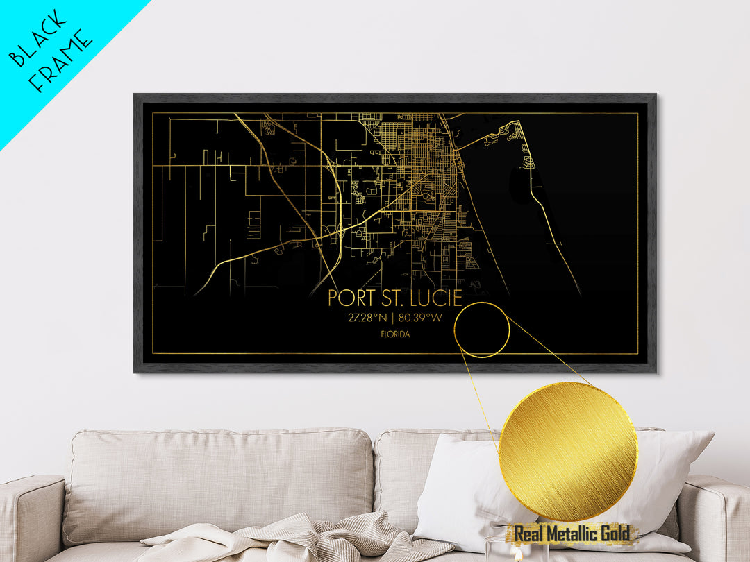 Port St. Lucie Florida City Poster, Metallic Gold Art, Metal Art, real wood frames, black and gold, Street Map Wall Art, Housewarming Gift