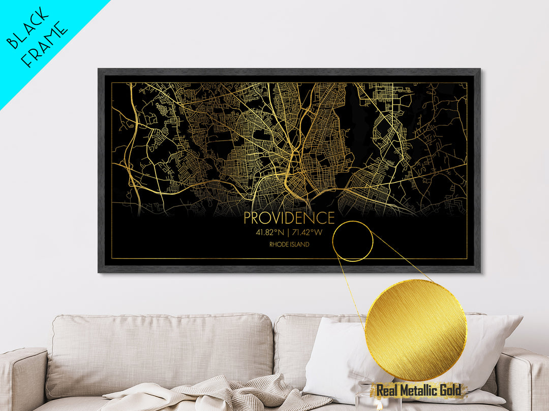 Providence Rhode Island City Poster, Metallic Gold Art, Metal Art, real wood frames, black and gold, Street Map Wall Art, Modern House Art