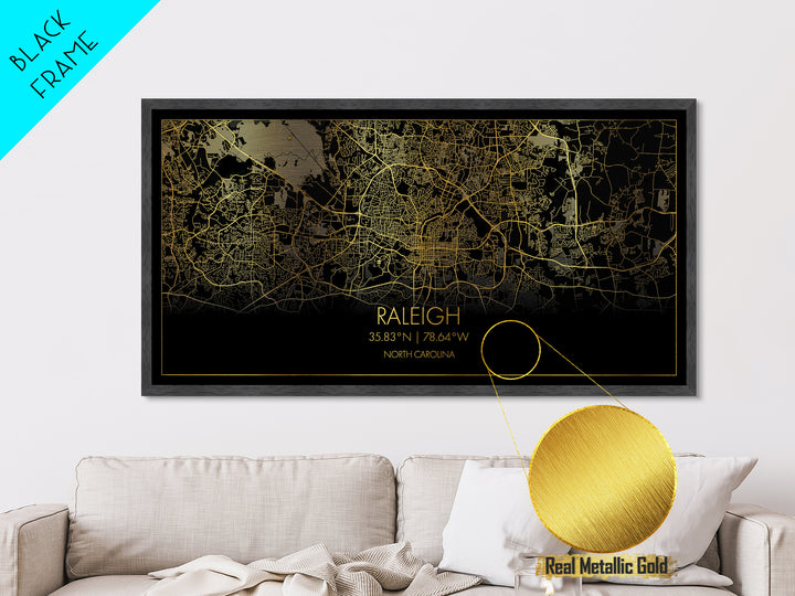 Raleigh North Carolina City street map, Metallic Gold Print, Metal Art, wood framed map, black and gold, Street Map Art, Minimalist Wall Art