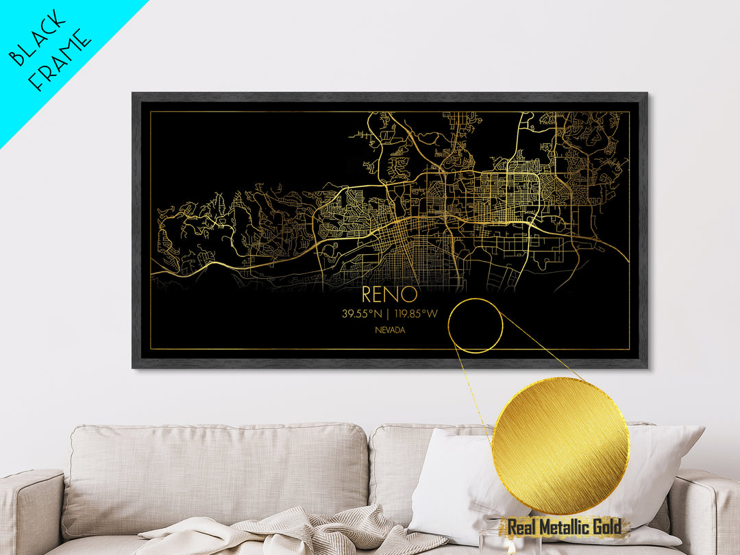 Reno Nevada City street map, Metallic Gold Print, Metal Art, wood framed map, black and gold, Street Map Art, Office Decor