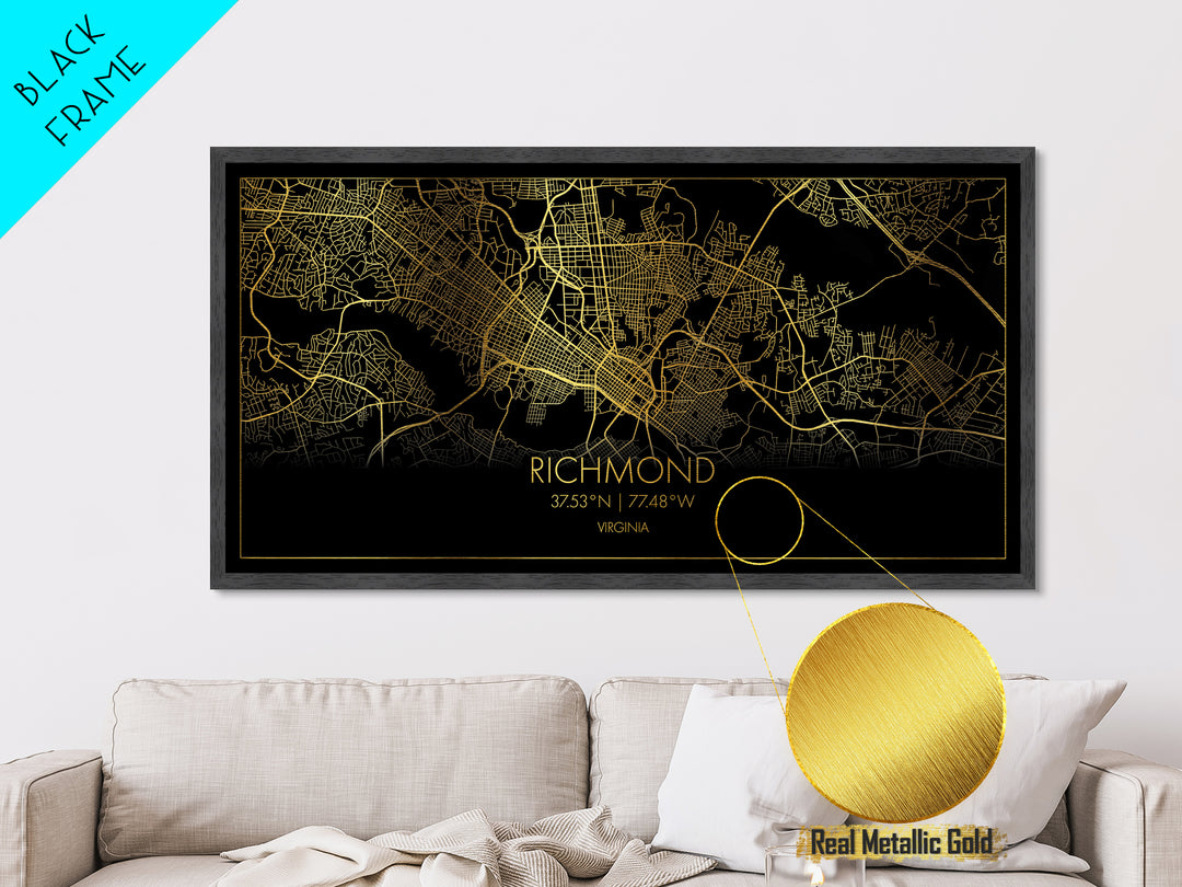Richmond Virginia City Poster, Metallic Gold Art, Metal Art, real wood frames, black and gold, Street Map Wall Art, Housewarming Gift