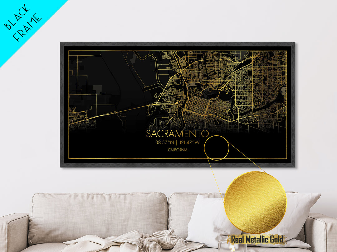 Sacramento California City Poster, Metallic Gold Art, Metal Art, real wood frames, black and gold, Street Map Wall Art, Minimalist Wall Art